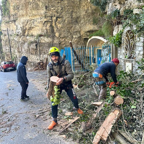 Vento forte a Positano, danni ad auto in sosta. Pulizia urgente a Montepertuso /foto