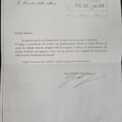 «Verrò a Furore con piacere»: il Ministro Sangiuliano accetta l’invito del Sindaco Milo