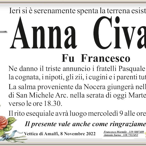Vettica di Amalfi piange la prematura scomparsa di Anna Civale