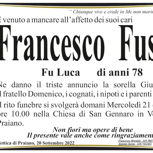 Vettica di Praiano dice addio al signor Francesco Fusco