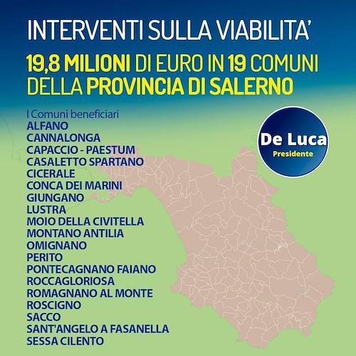 Viabilità: quasi 20 milioni di euro stanziati in provincia di Salerno, fondi anche a Conca dei Marini
