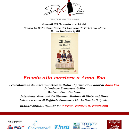 Vietri sul mare, “DiVini Libri Chiacchierata con l'Autore”: giovedì 25 premio alla carriera ad Anna Foa