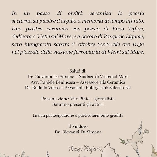 Vincenzo Tafuri dedica una poesia a Vietri sul Mare, sabato 1° ottobre inaugurazione piastra ceramica