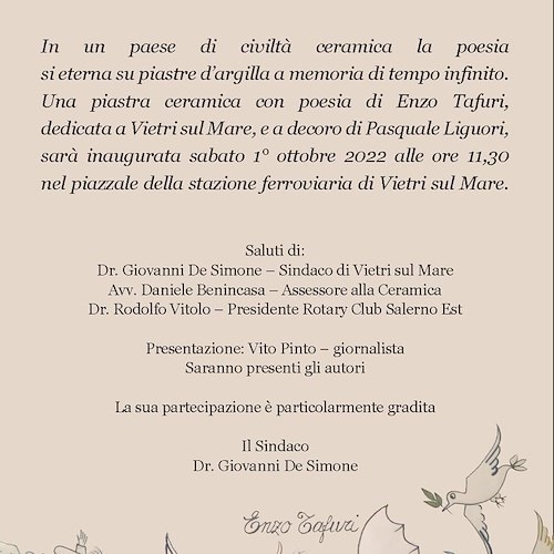 Vincenzo Tafuri dedica una poesia a Vietri sul Mare, sabato 1° ottobre inaugurazione piastra ceramica