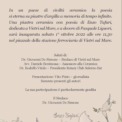 Vincenzo Tafuri dedica una poesia a Vietri sul Mare, sabato 1° ottobre inaugurazione piastra ceramica