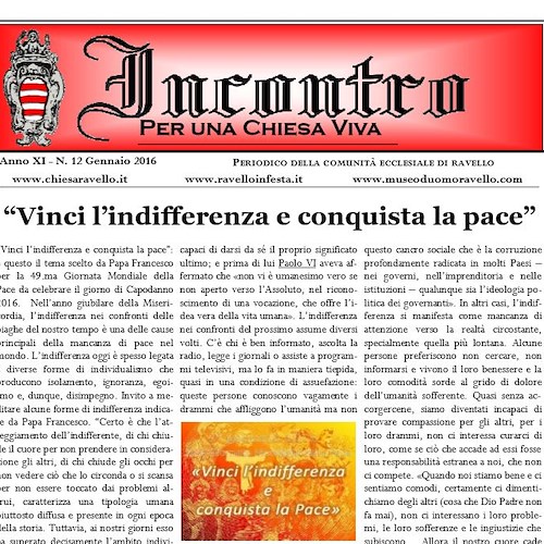 'Vinci l'indifferenza e conquista la pace', ecco Incontro di gennaio 